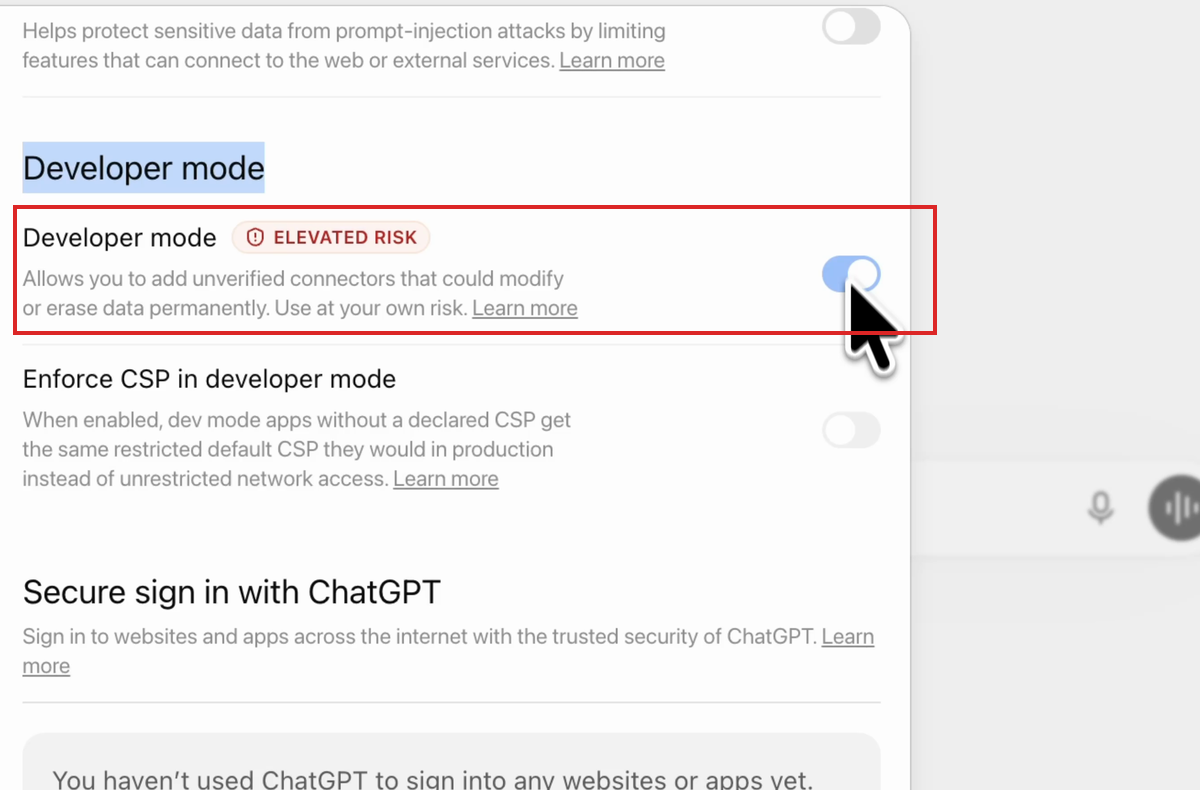 Developer mode toggle switched on in ChatGPT's Security and login settings