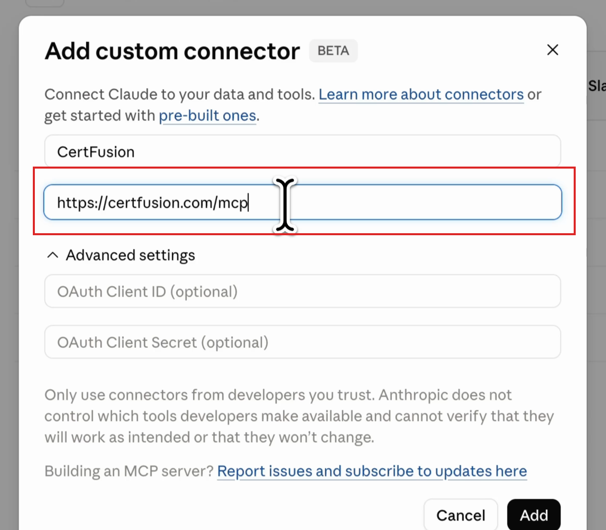 Add custom connector dialog with the CertFusion MCP URL highlighted