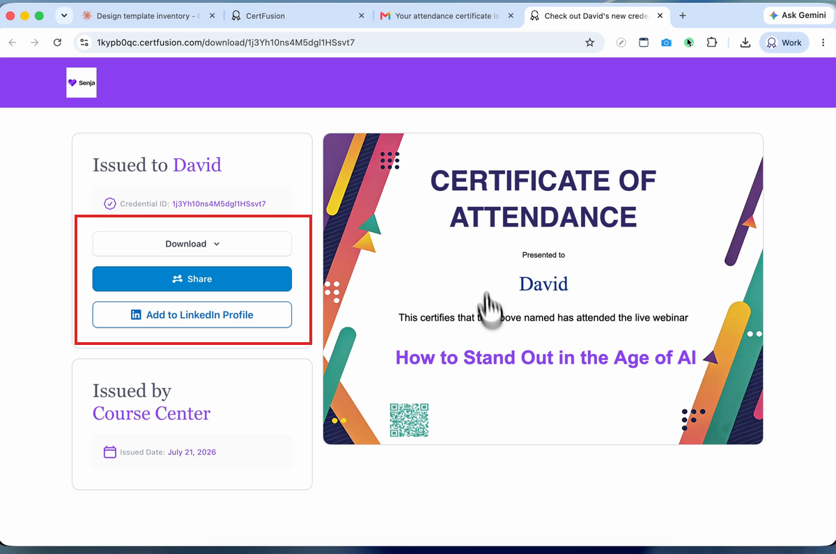 Certificate page with share and LinkedIn options highlighted